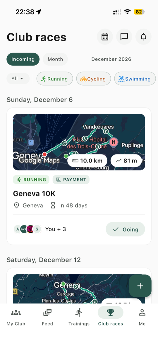 Club races list: each race with its route map and who is going
