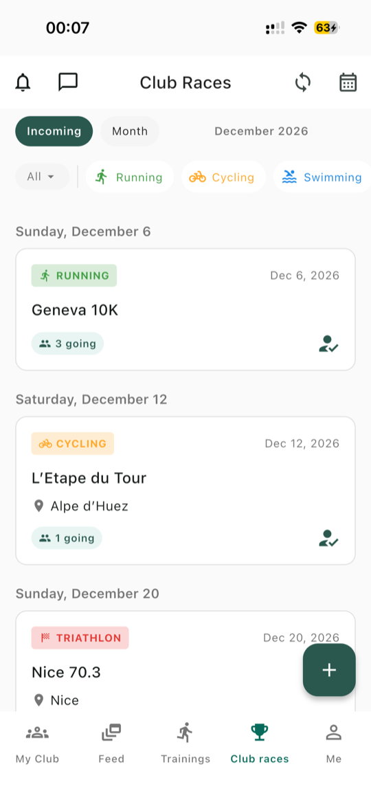 Club races screen