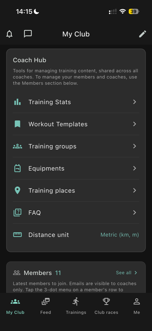 My Club / Coach Hub screen