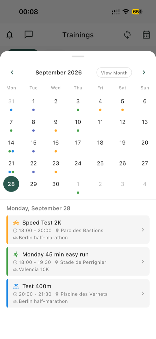 Training calendar screen