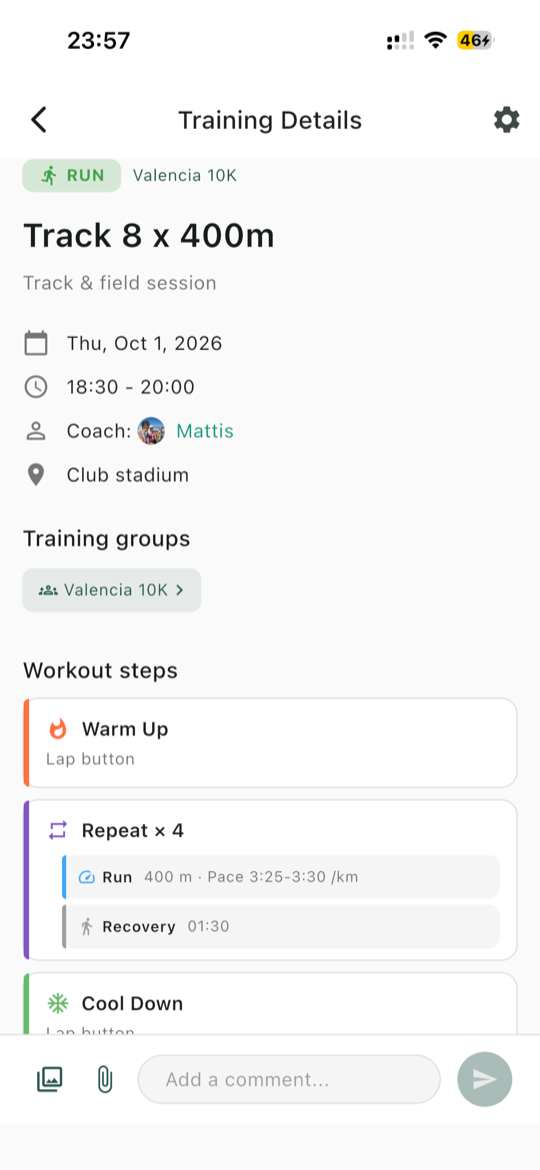 Training detail screen with workout steps