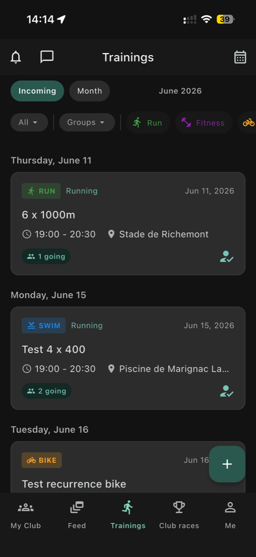 Trainings list screen