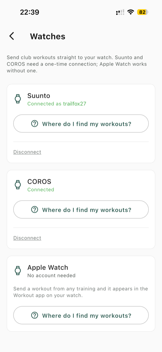 The Watches screen in Konia: Suunto and COROS connected, Apple Watch with no account needed, and under each watch a button that explains where to find your workouts