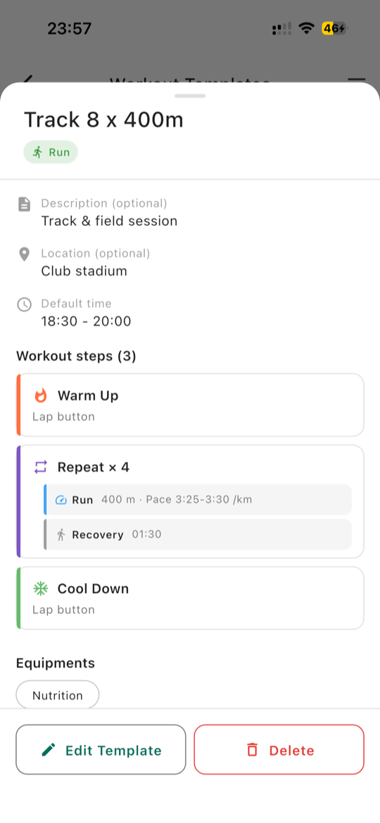 Workout template with structured steps